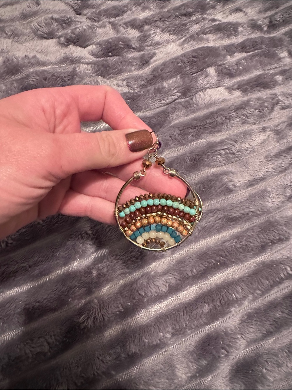 Boho Beaded Hoop Earrings in Turquoise, Copper & White - Picture 2 of 2